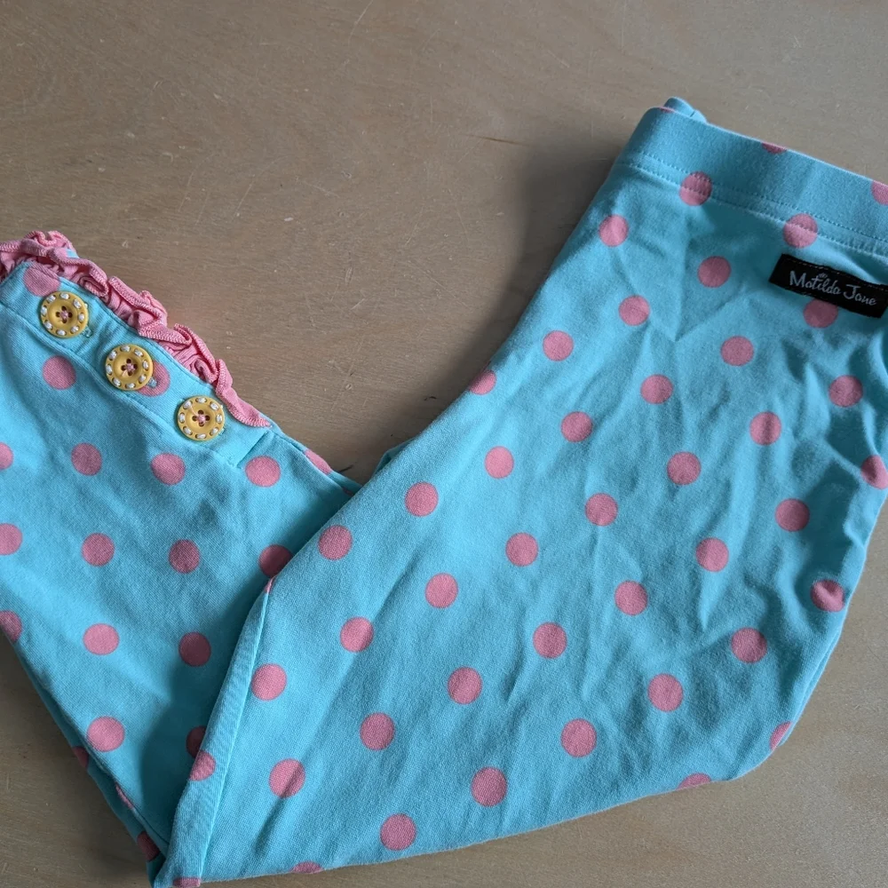Matilda Jane Aqua & Pink Polka Dot Ruffle Capri Pants - Size 10